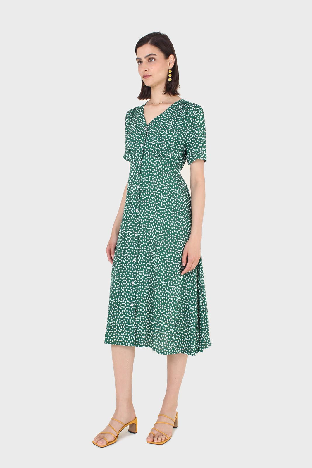 Green and white floral button front dress_3