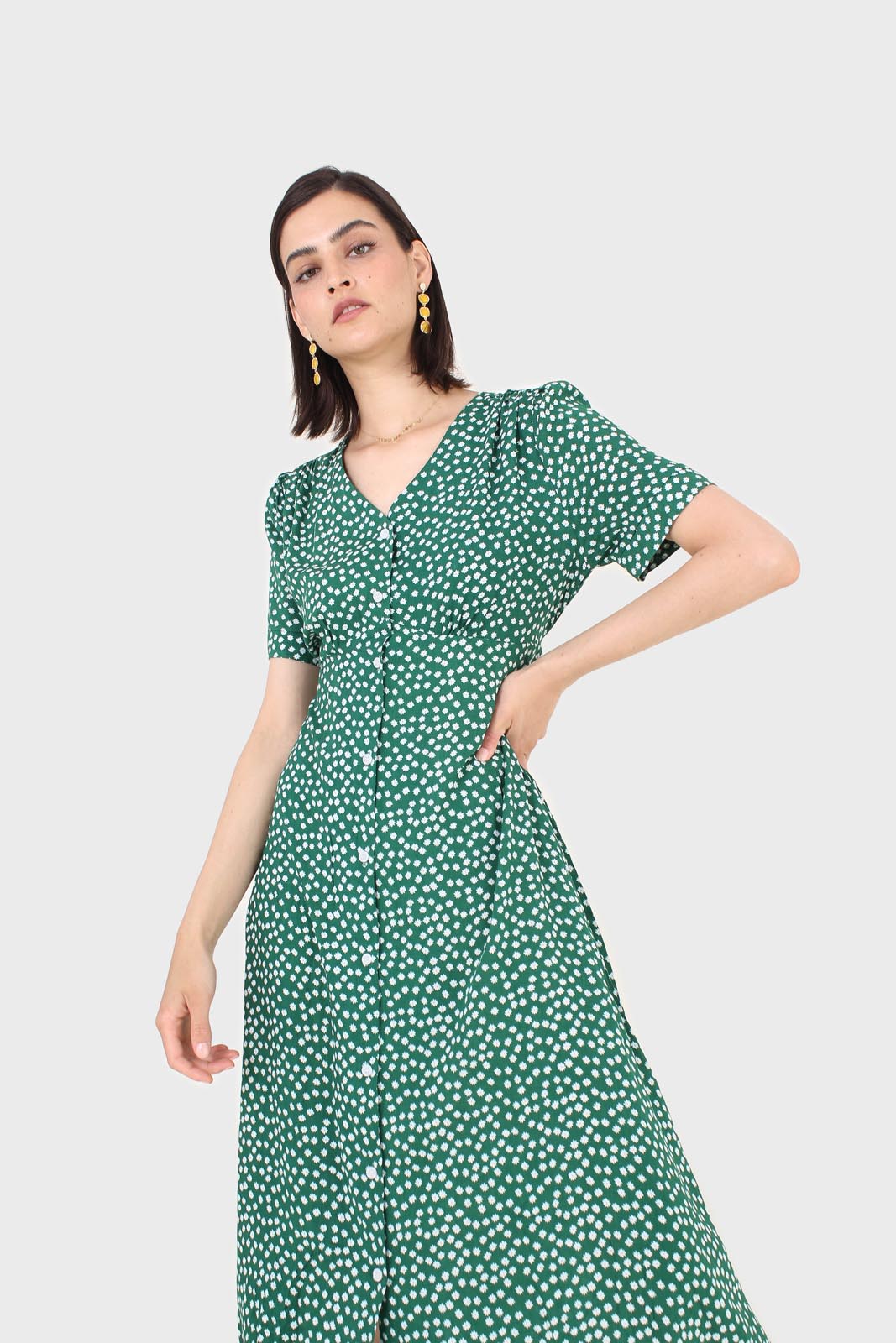 Green and white floral button front dress_6