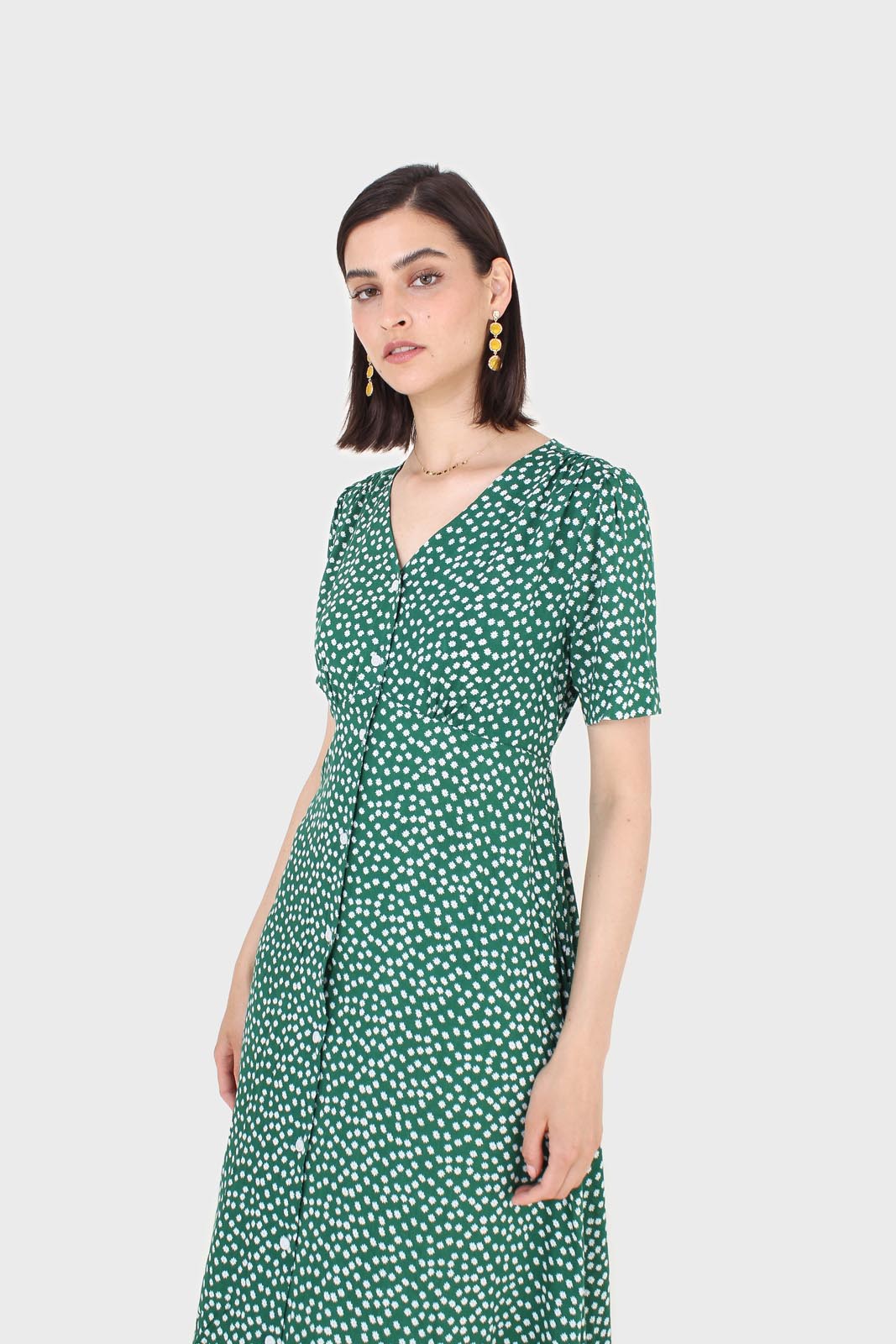 Green and white floral button front dress_7