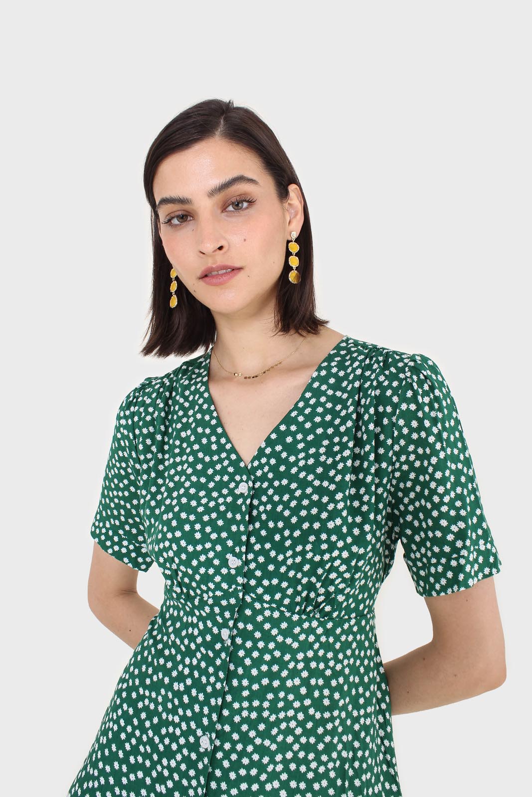 Green and white floral button front dress_11