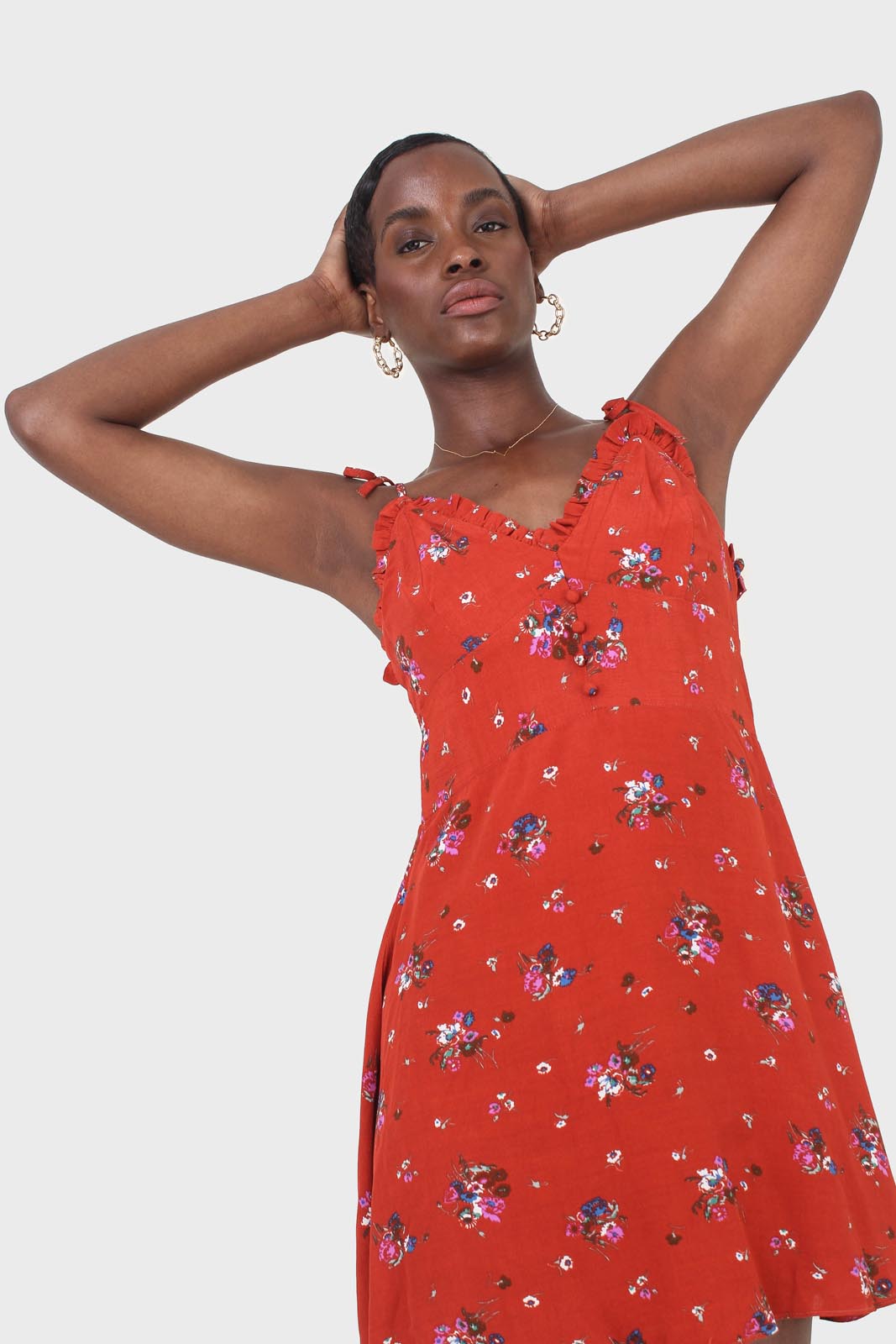 Red floral tie strap mini dress_8