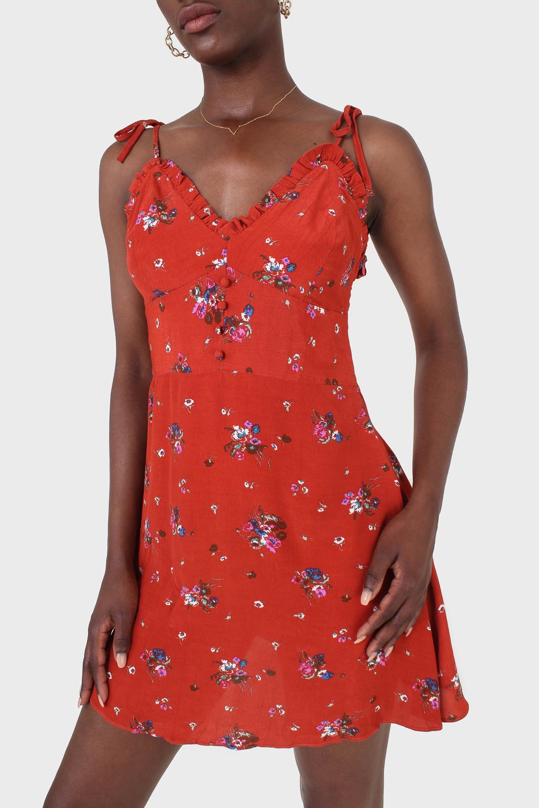 Red floral tie strap mini dress_6