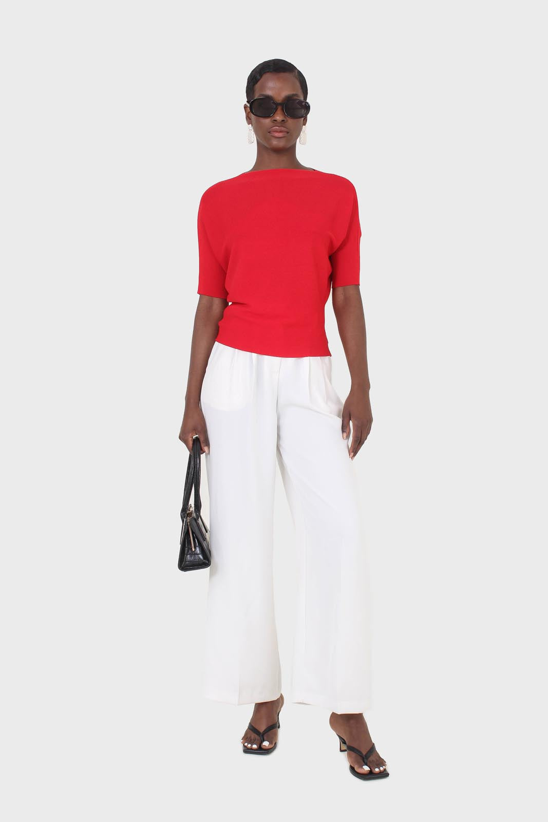 Red horizontal rib short sleeved knit top_5