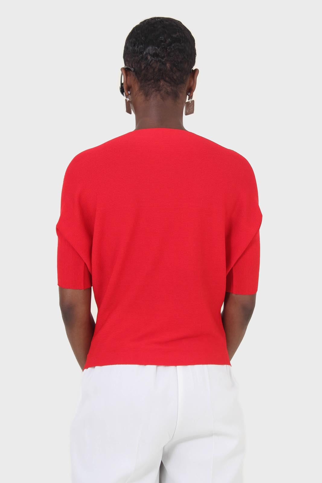 Red horizontal rib short sleeved knit top_2