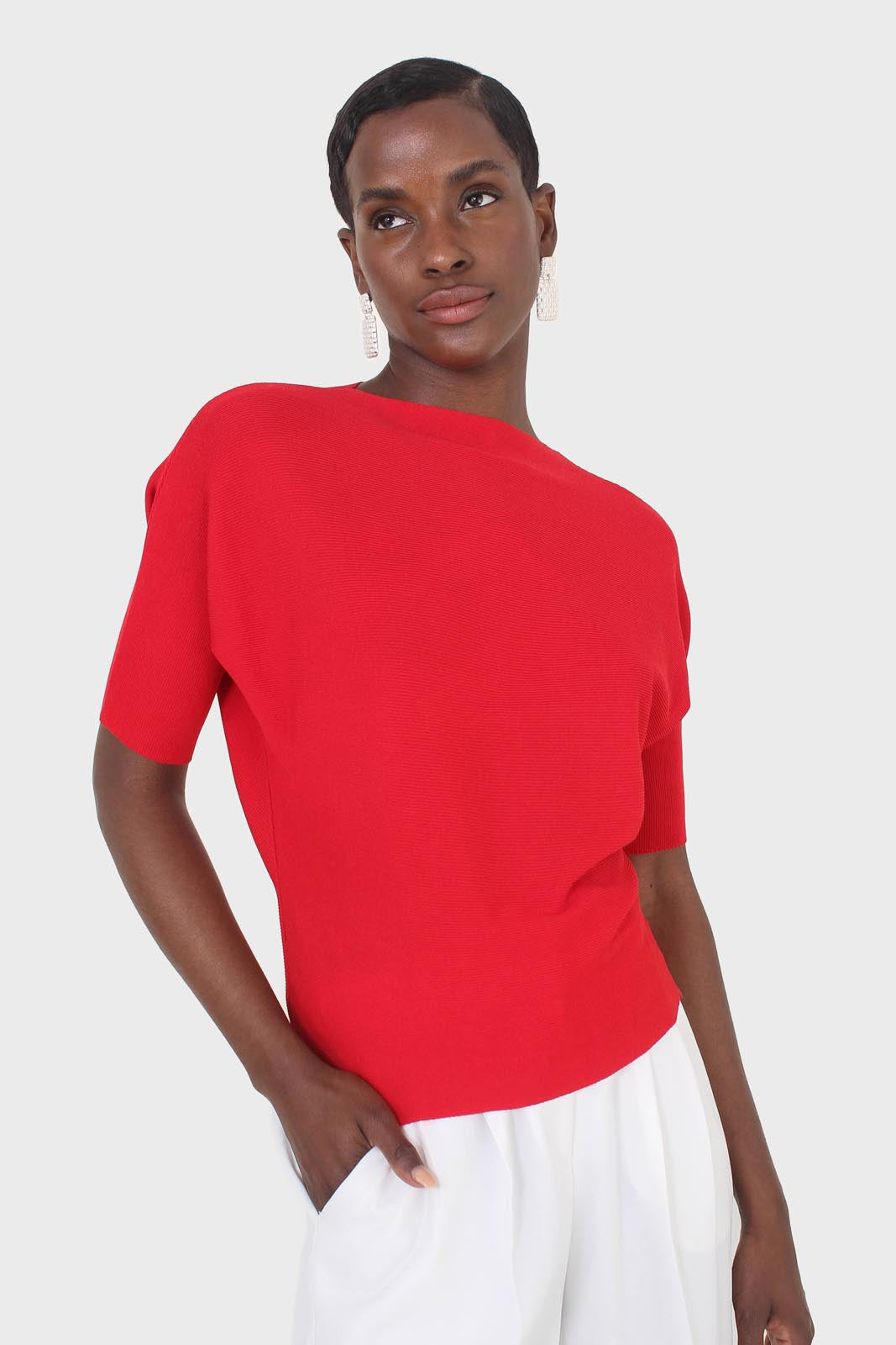 Red horizontal rib short sleeved knit top_6
