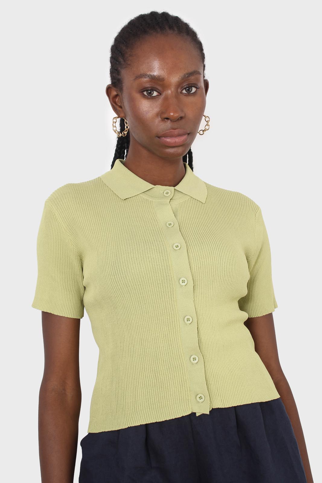 Light green ribbed fine knit polo top_1