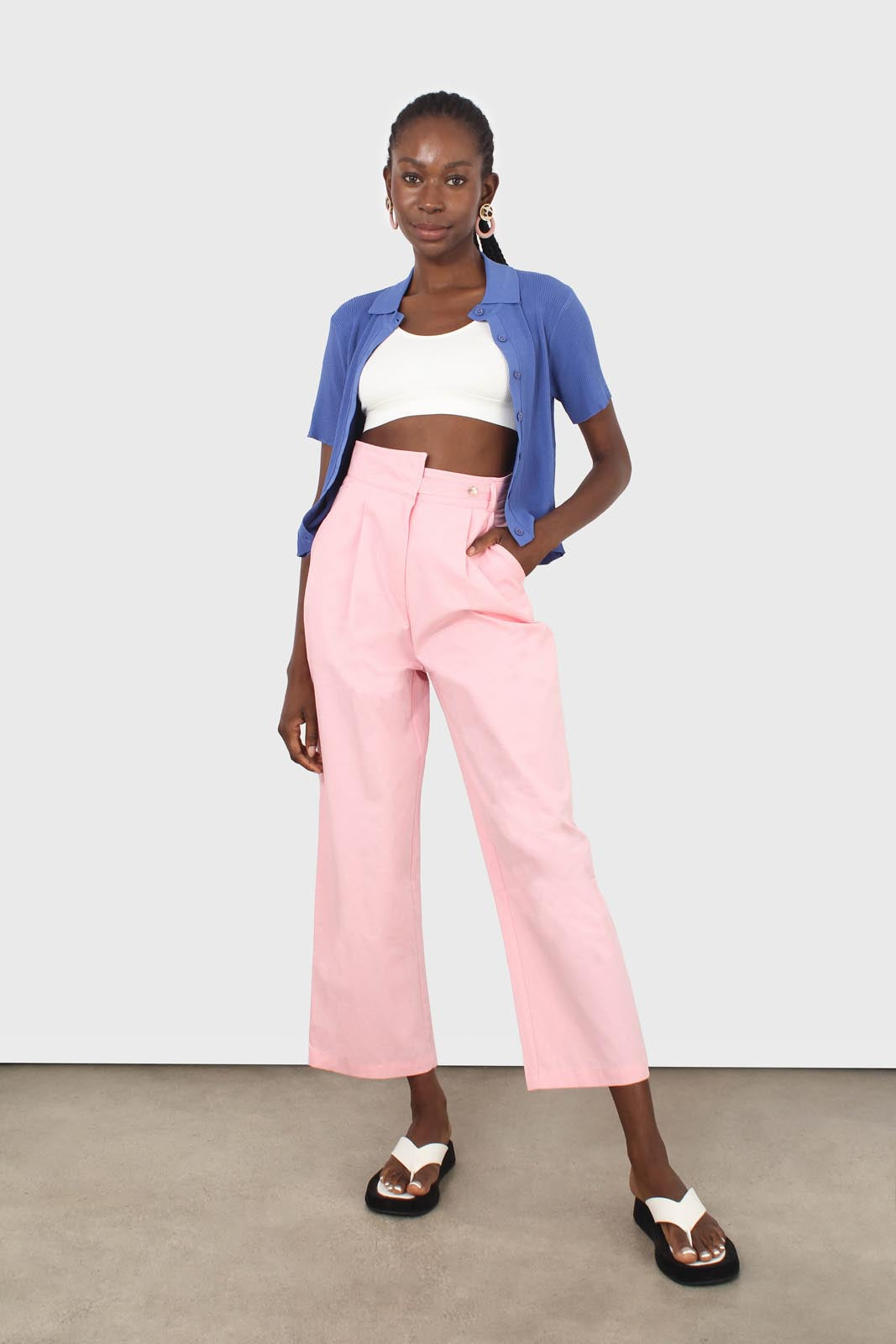 Pink asymmetric waist button tab trousers_2