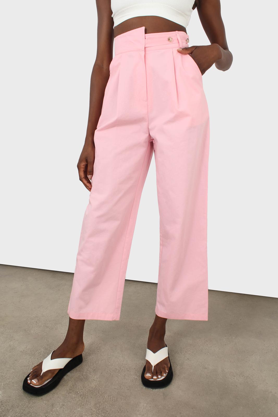 Pink asymmetric waist button tab trousers_1