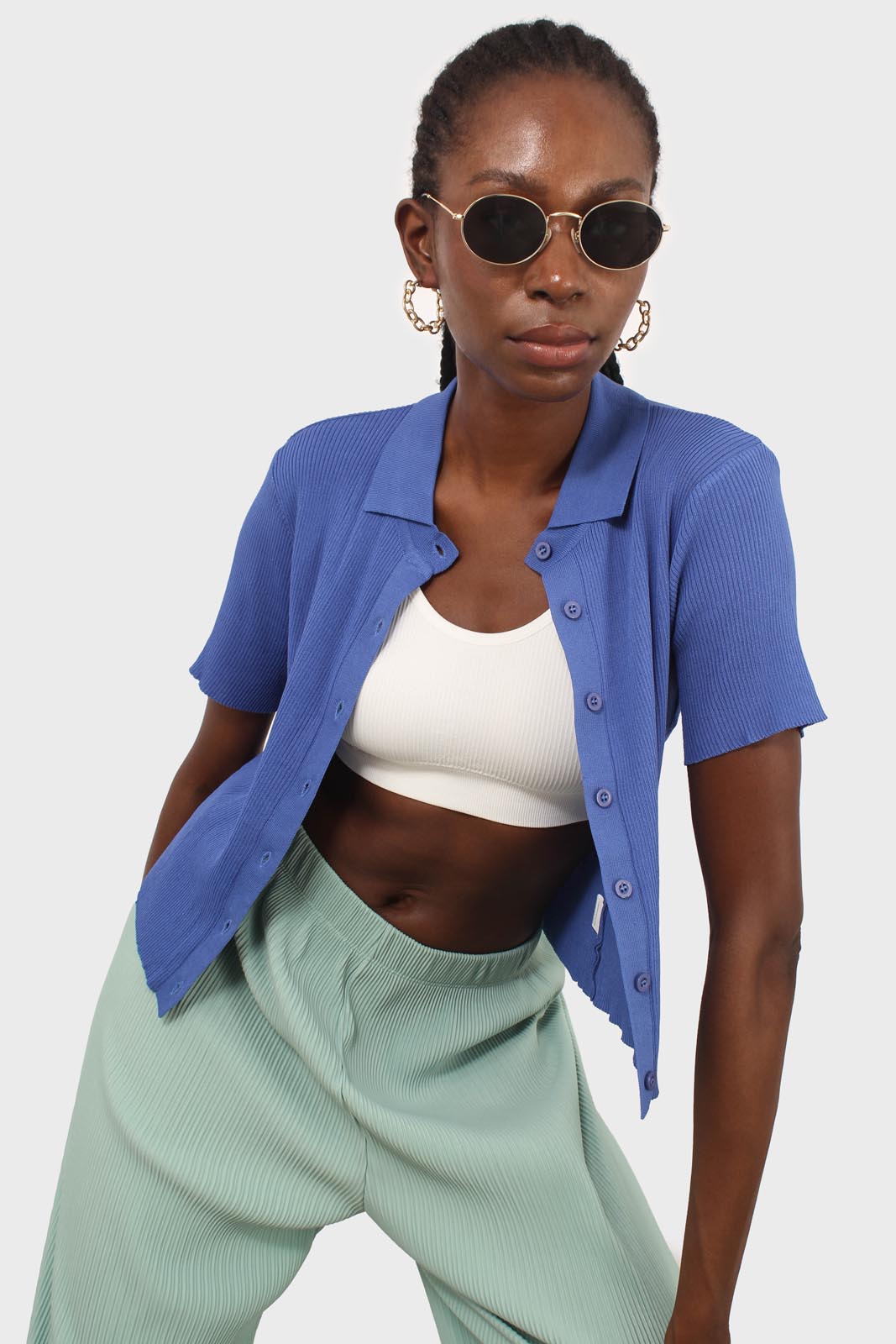 Cobalt blue ribbed fine knit polo top_7