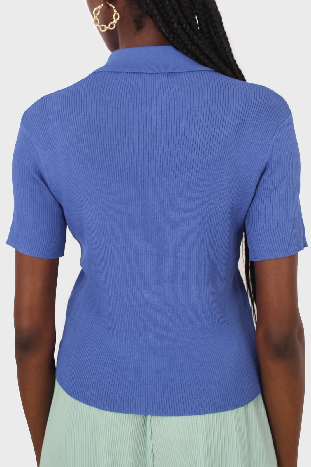 Cobalt blue ribbed fine knit polo top_5