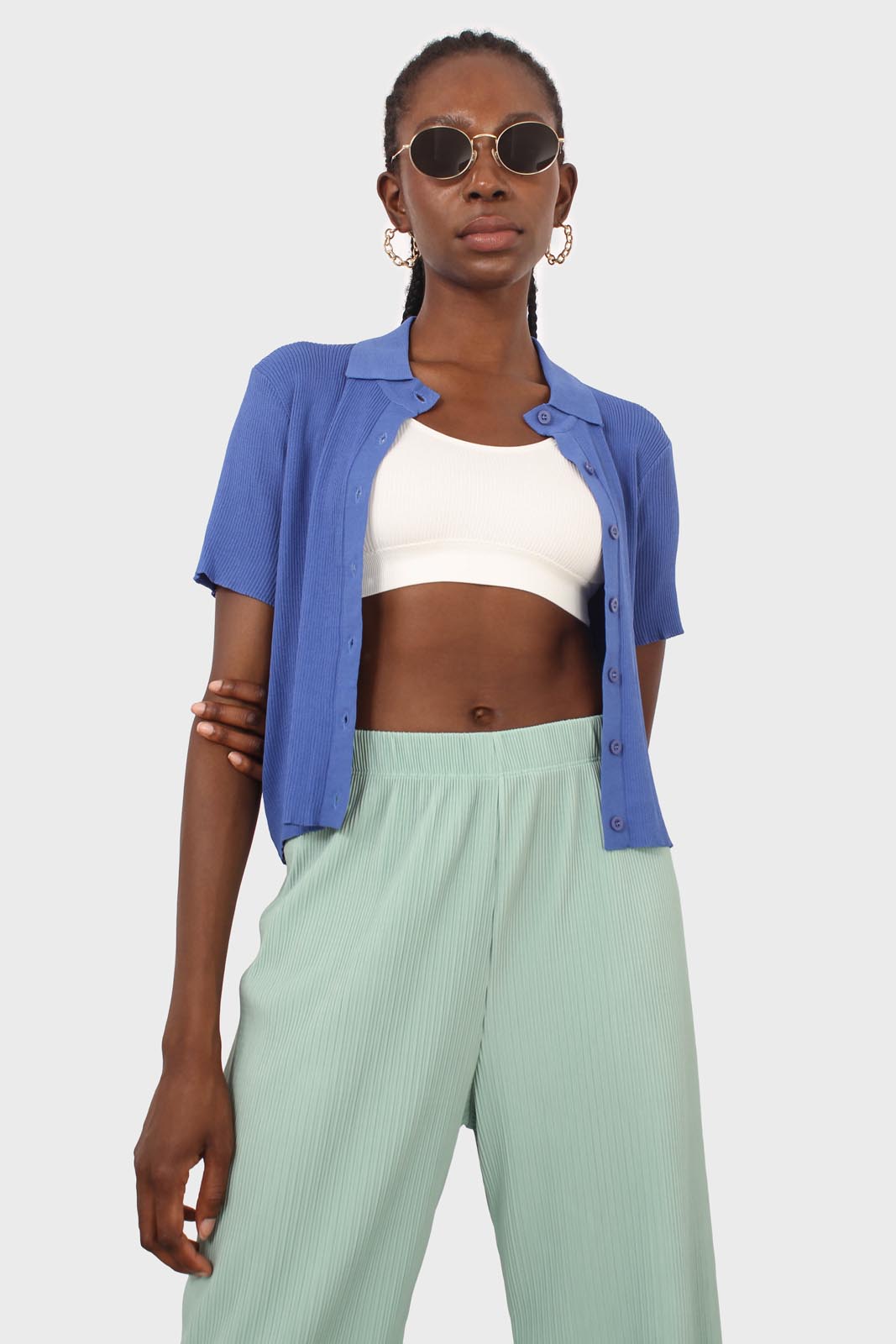 Cobalt blue ribbed fine knit polo top_11