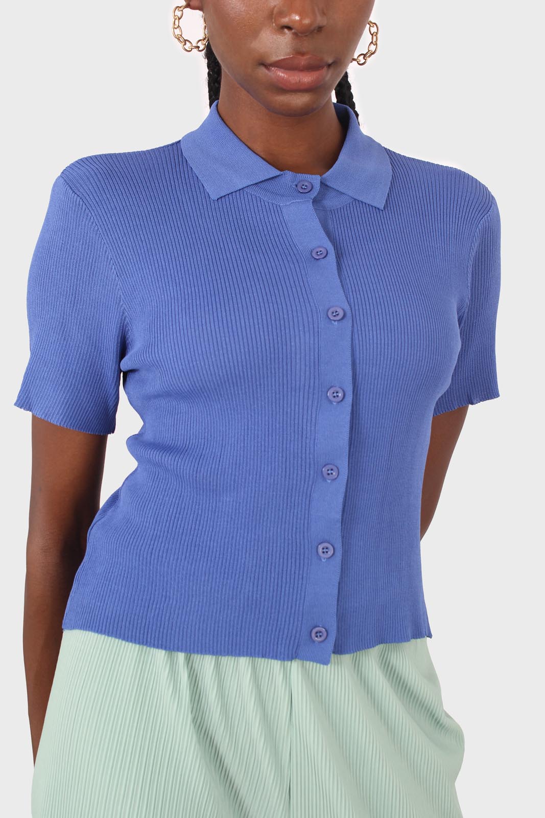 Cobalt blue ribbed fine knit polo top_6