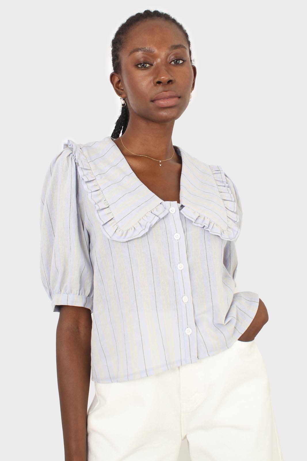 Blue striped oversized collar blouse_9