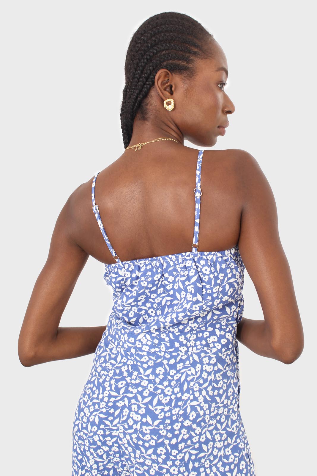 Blue and white graphic floral ruched bodice jumpsuit_3