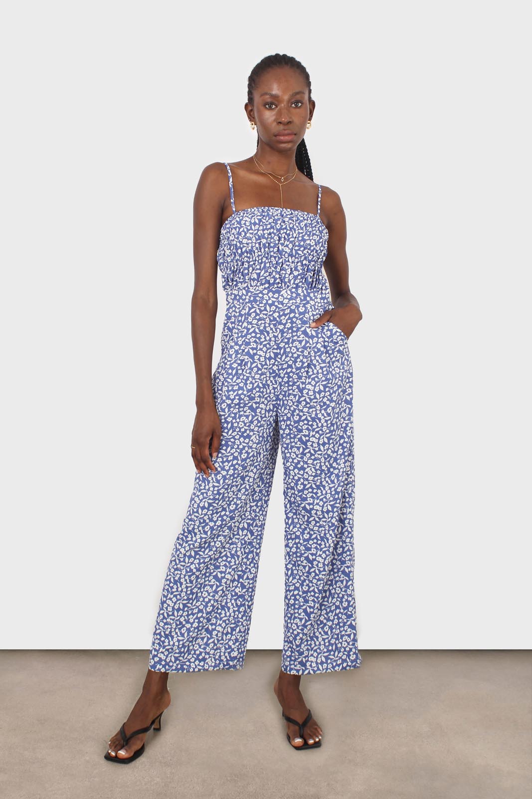 Blue and white graphic floral ruched bodice jumpsuit_1