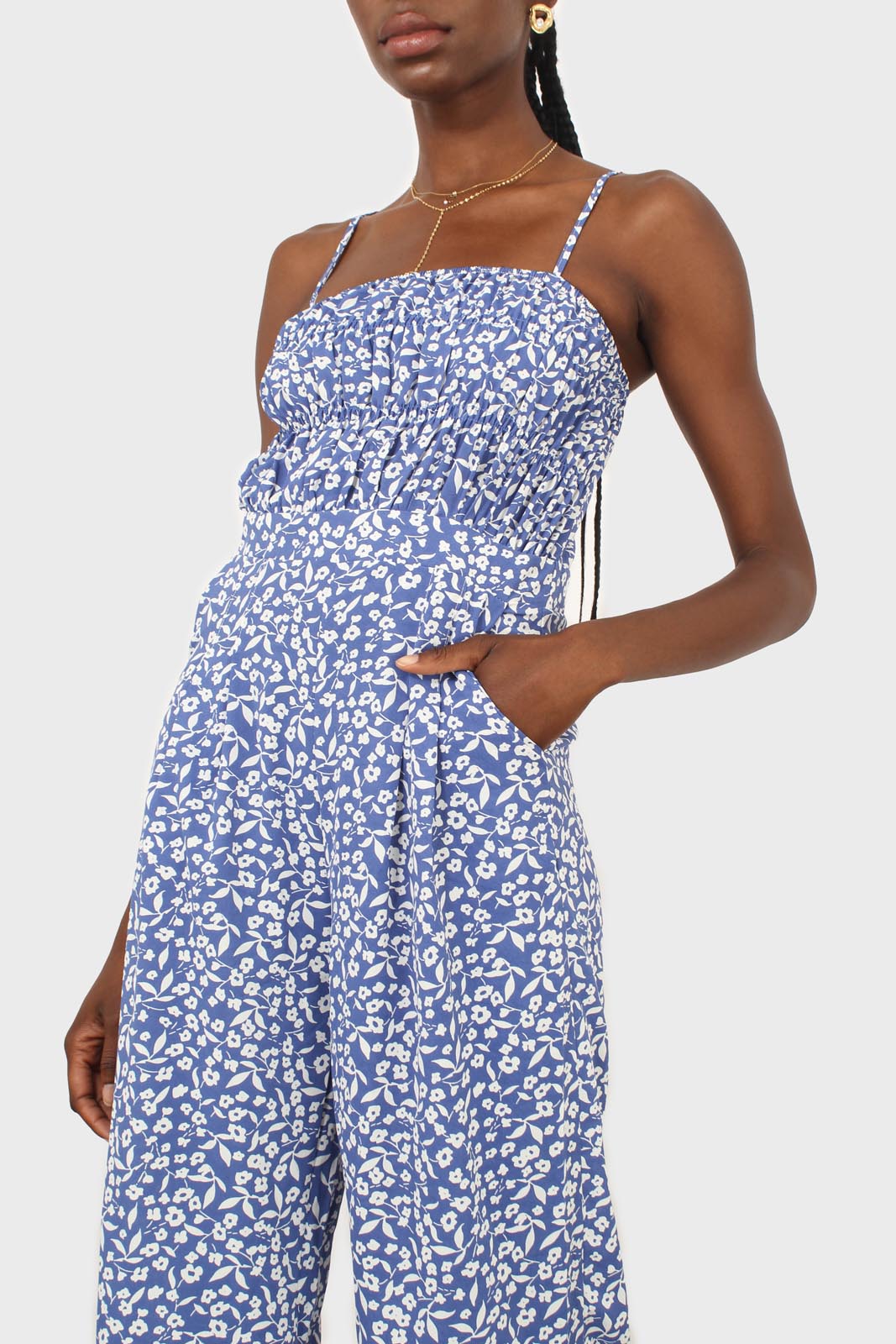 Blue and white graphic floral ruched bodice jumpsuit_9