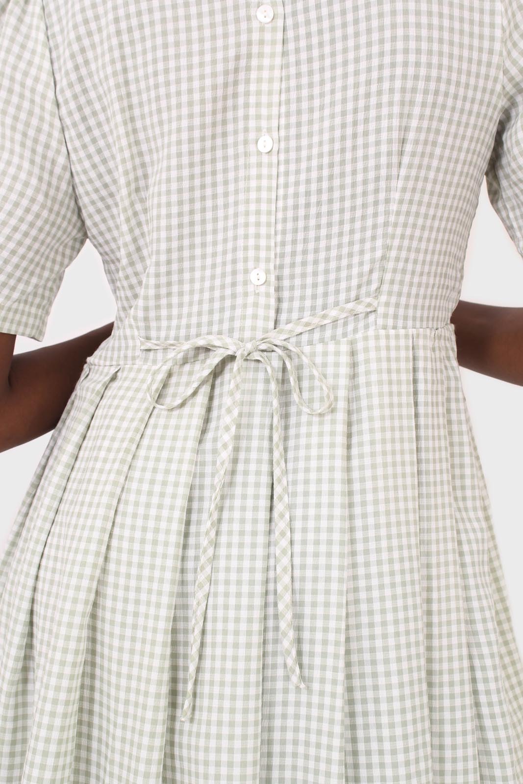 Light green gingham checked side tie midi dress_17