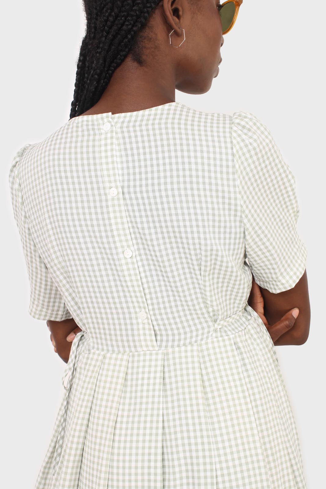 Light green gingham checked side tie midi dress_5