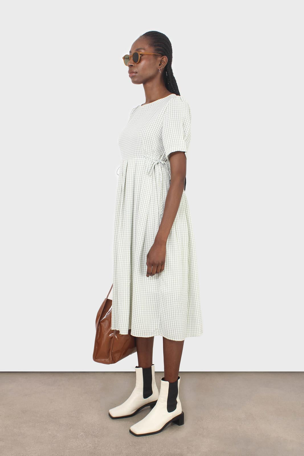 Light green gingham checked side tie midi dress_8