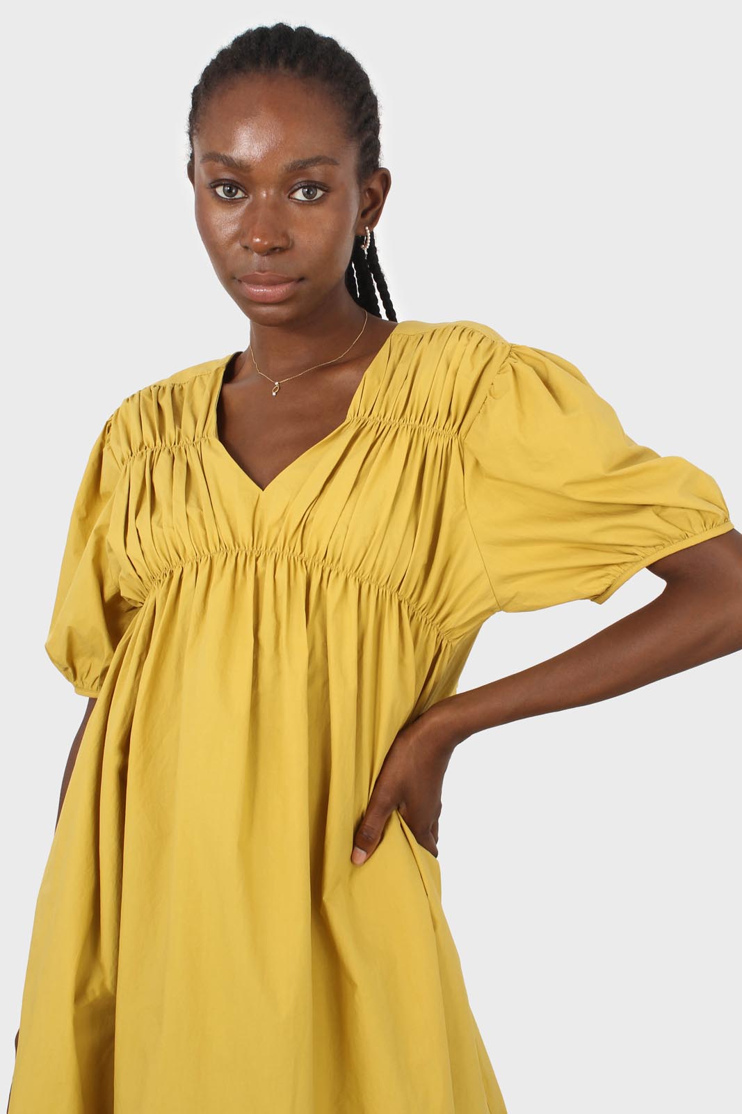 Mustard ruched seam V neck dress_7