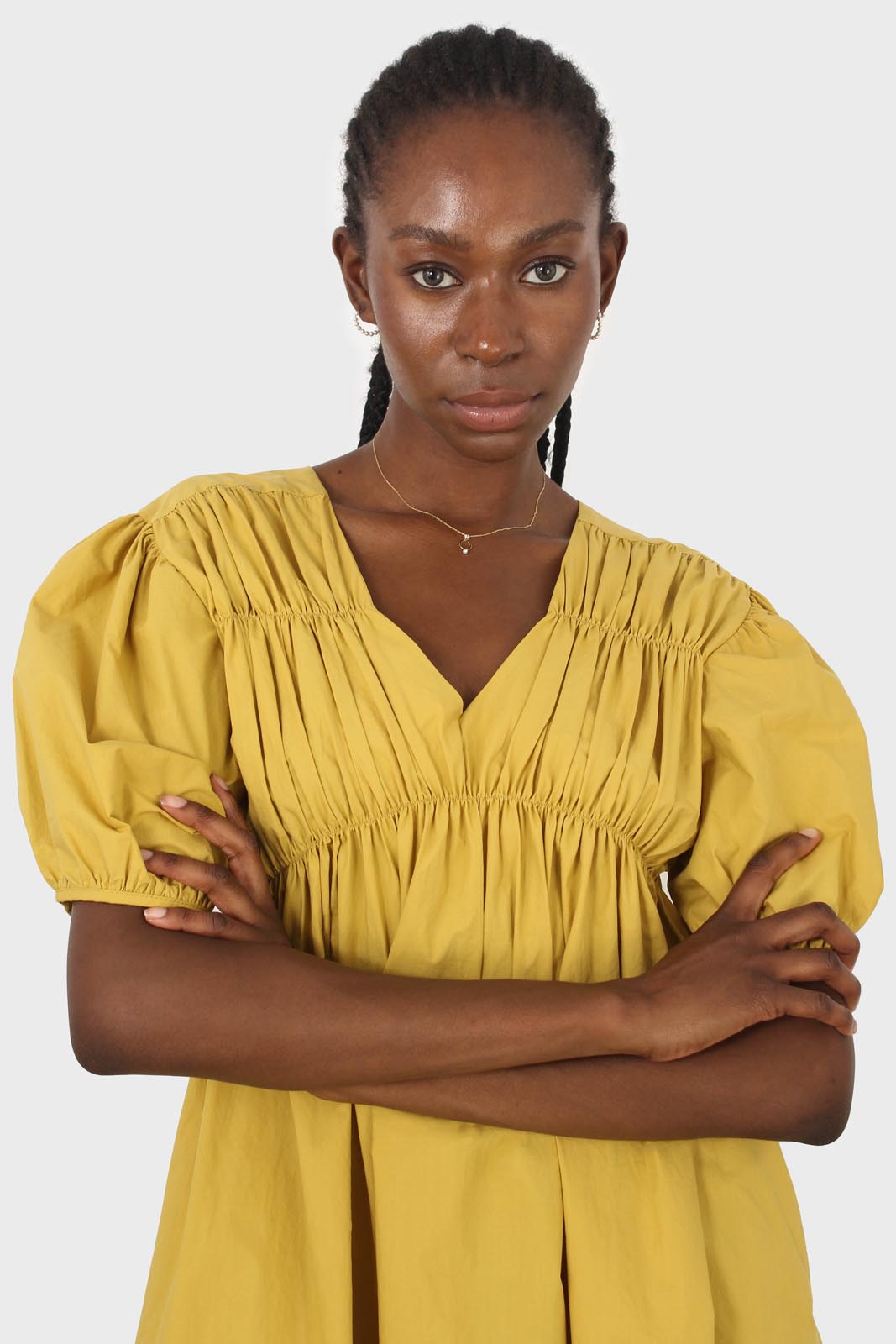 Mustard ruched seam V neck dress_2