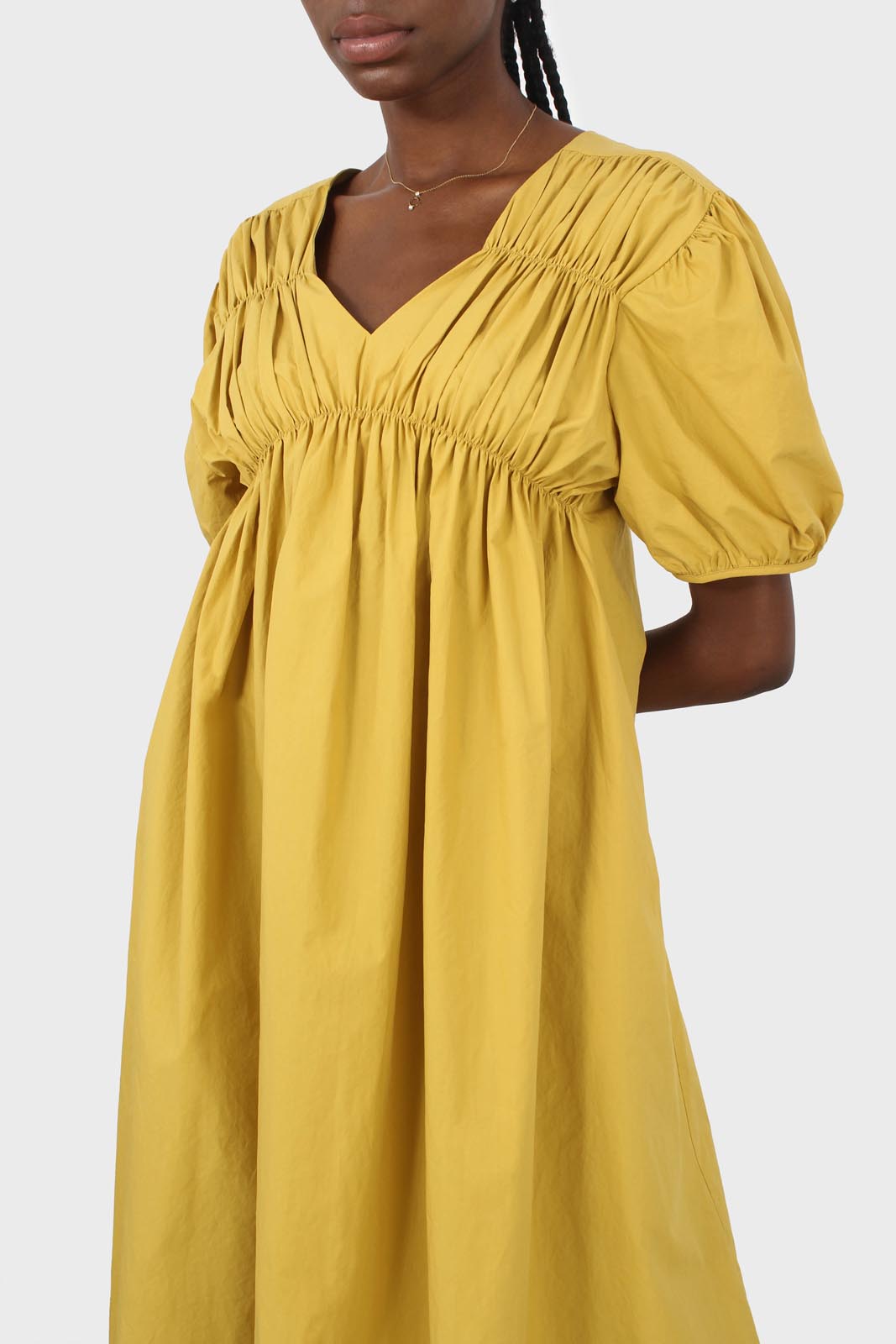 Mustard ruched seam V neck dress_4