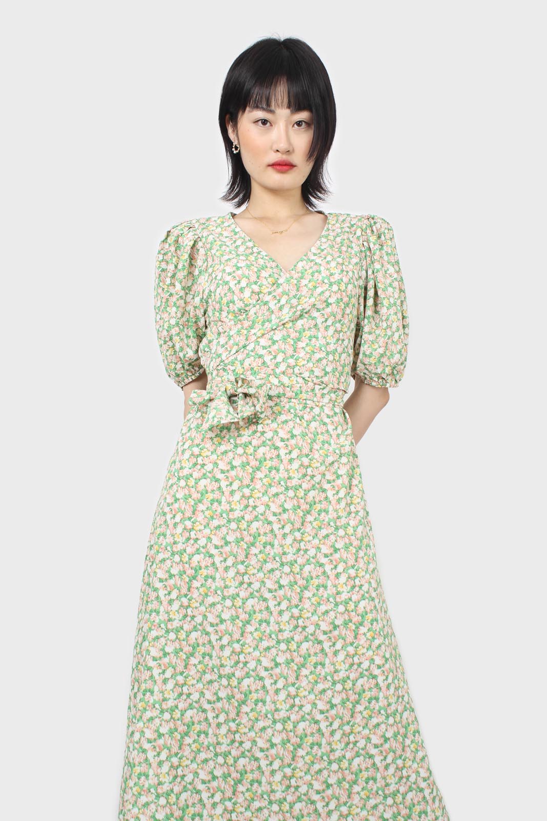 Green and pink floral wrap style midi dress_10