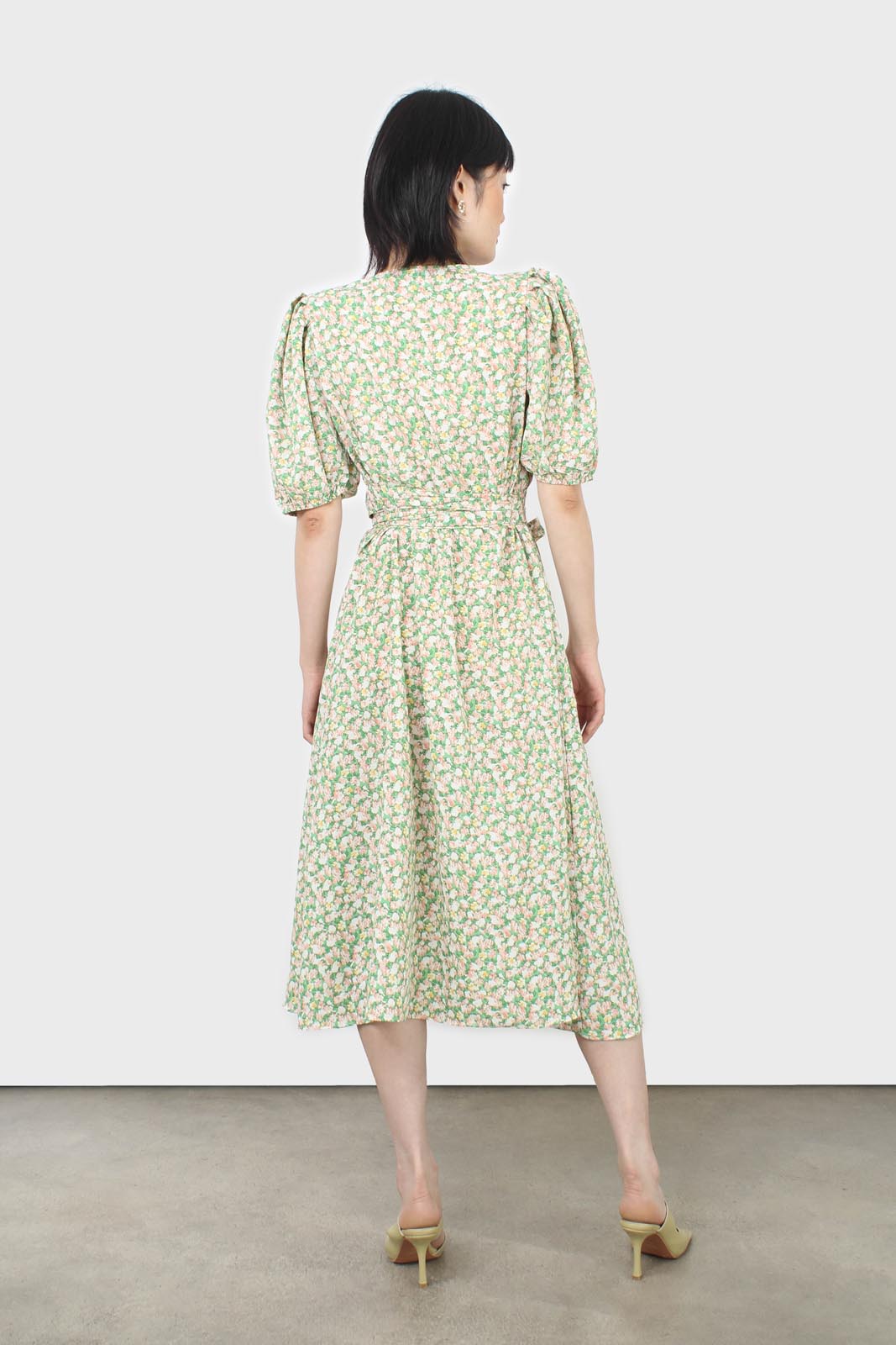 Green and pink floral wrap style midi dress_6