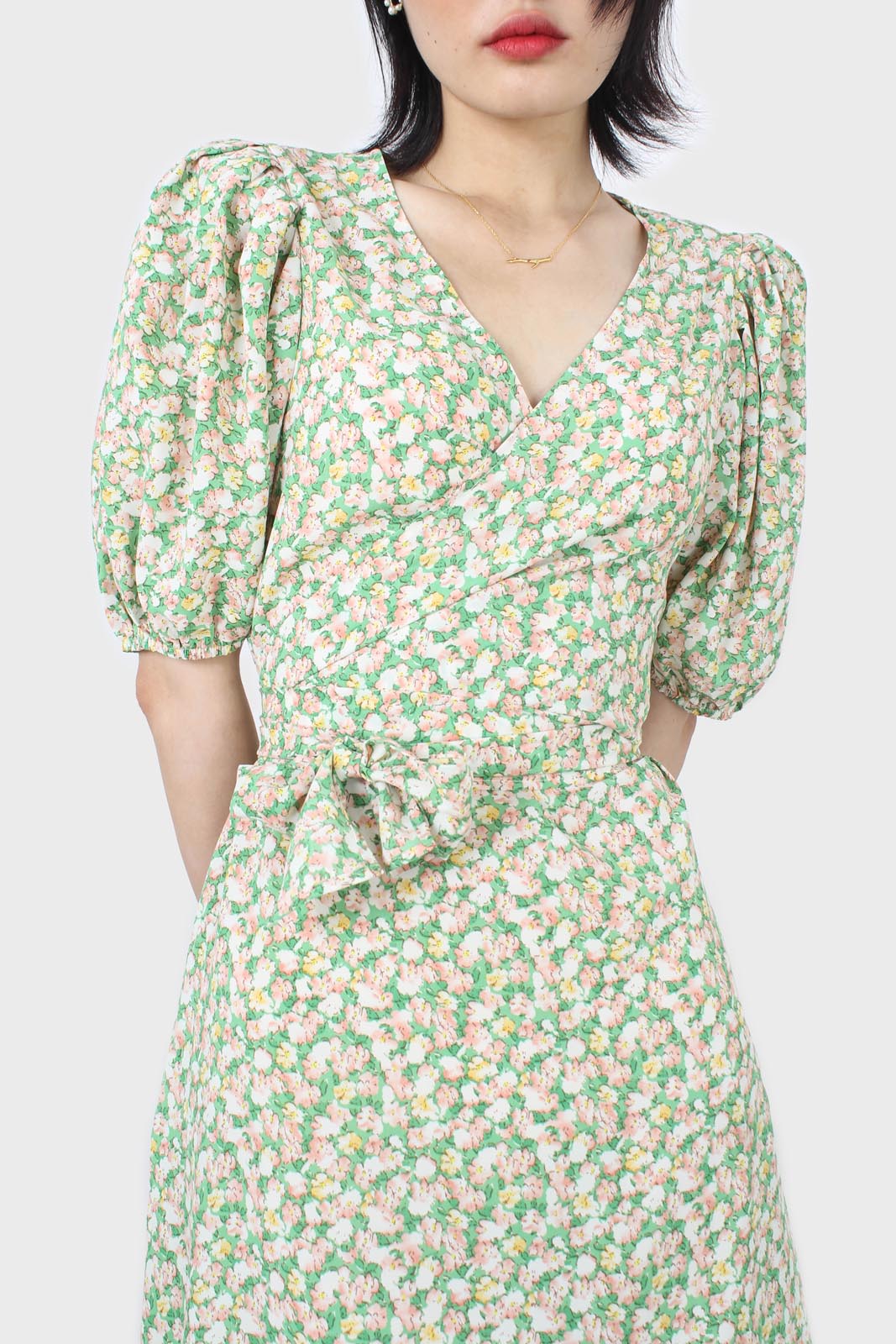 Green and pink floral wrap style midi dress_9