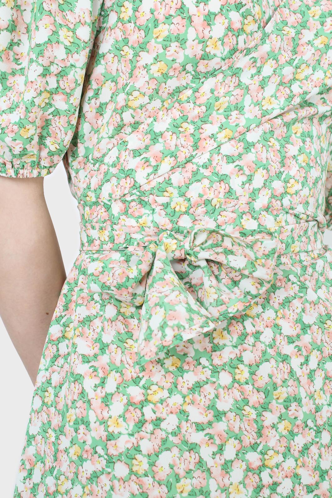 Green and pink floral wrap style midi dress_5