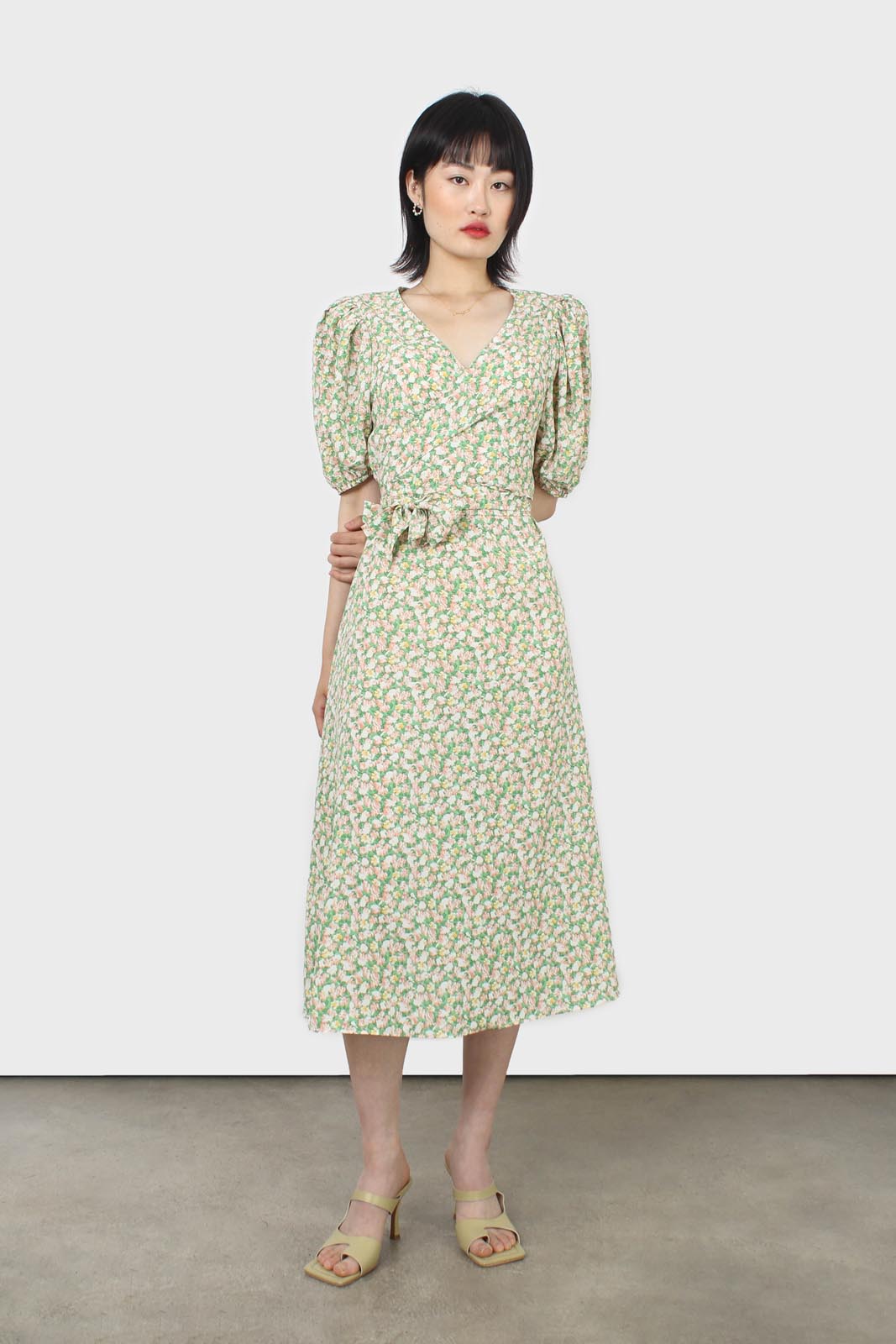 Green and pink floral wrap style midi dress_8