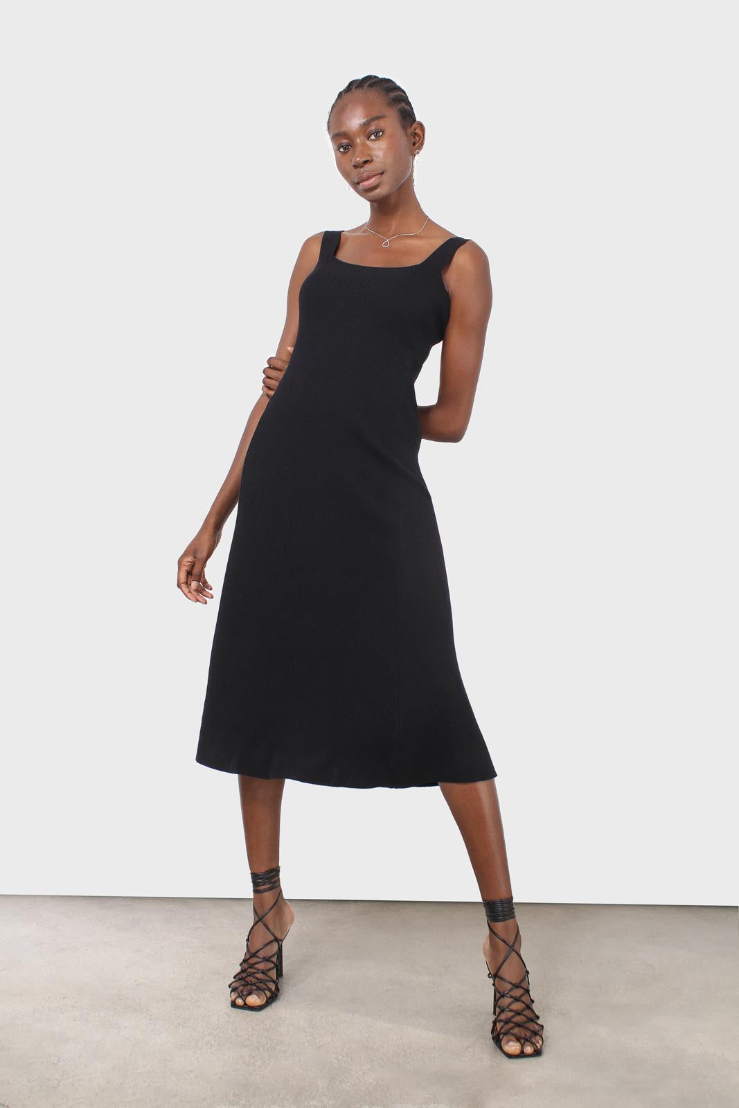 Black square neckline ribbed midi dress_4