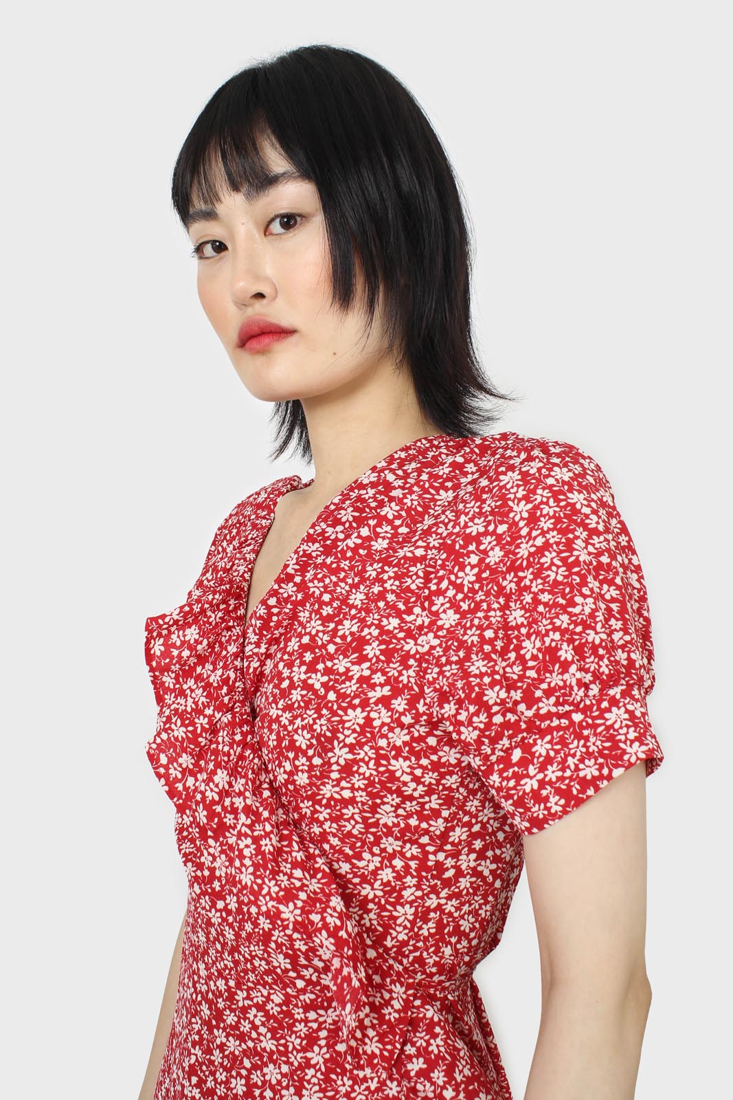 Red and white tiny floral wrap ruffle midi dress_6