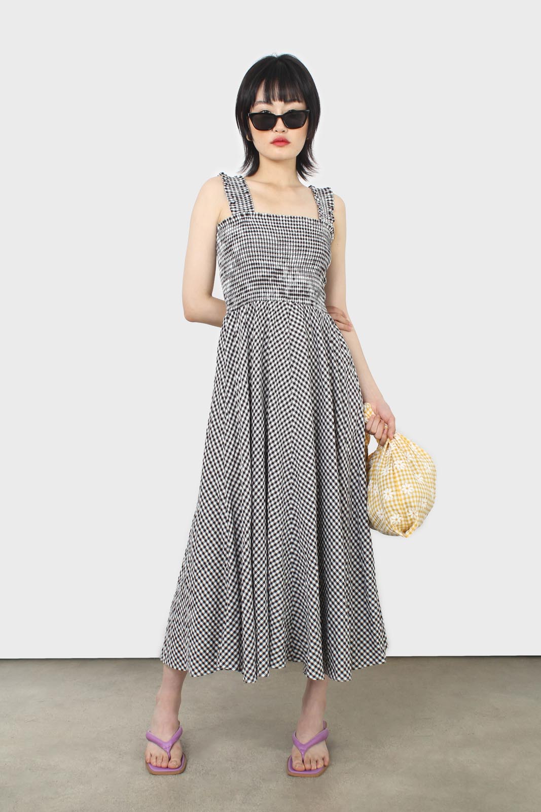 Black and white gingham ruched bodice dress_1