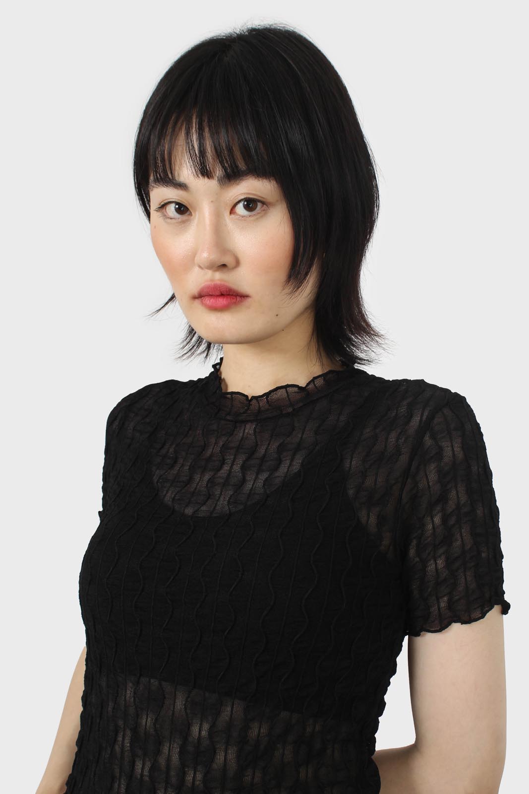 Black wave patterned semi sheer top_6