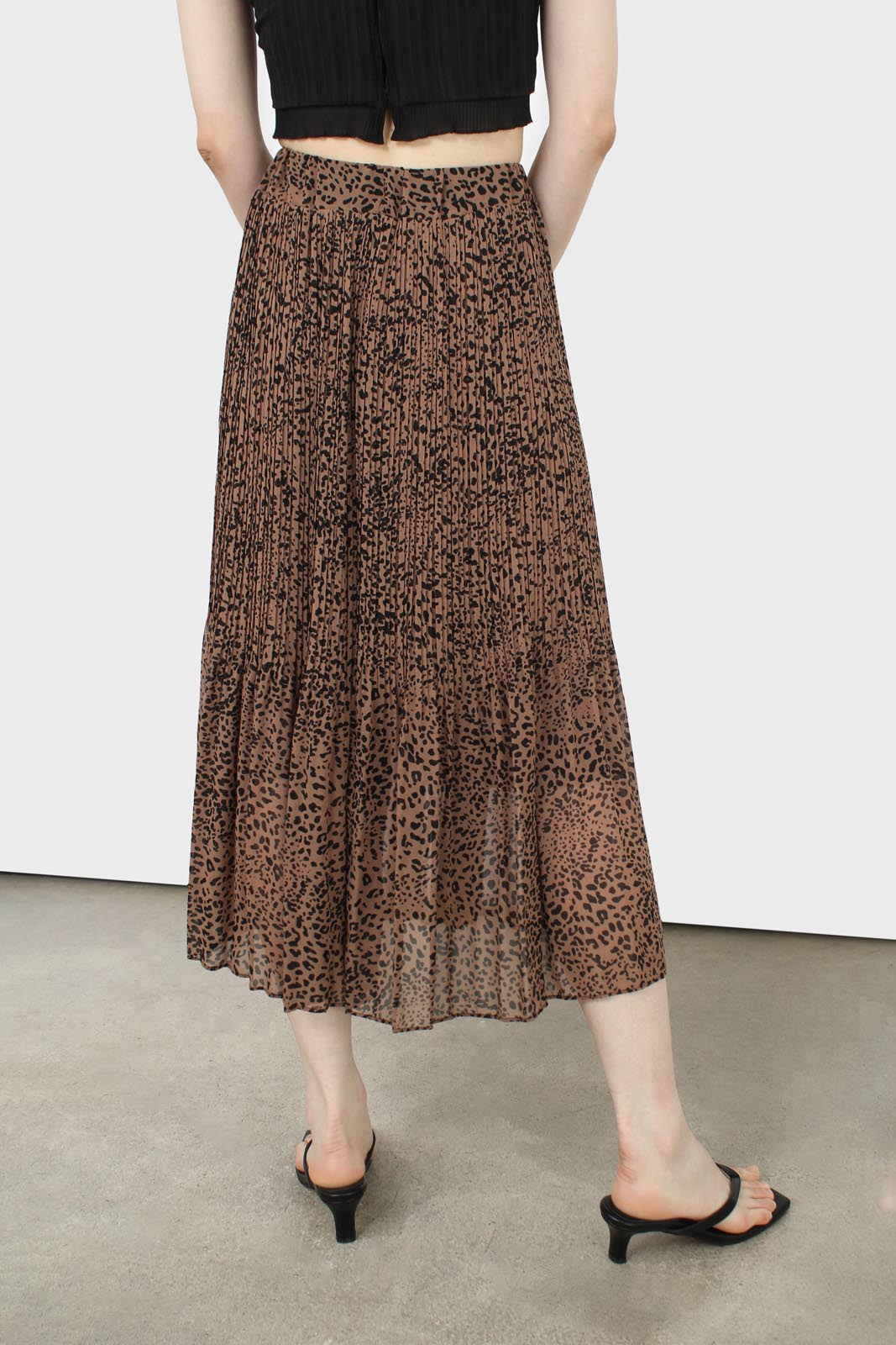 Camel and black animal print silky micro pleat maxi skirt_2