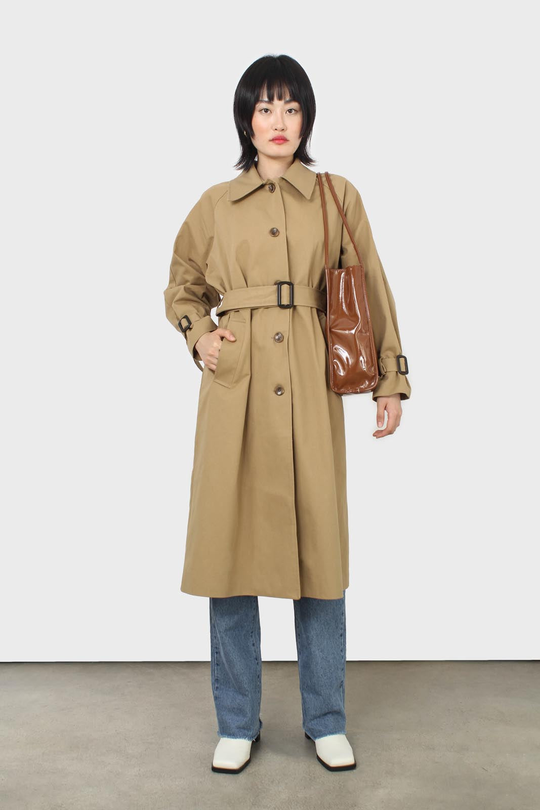 Dark beige single breasted buckle detail trench coat_1