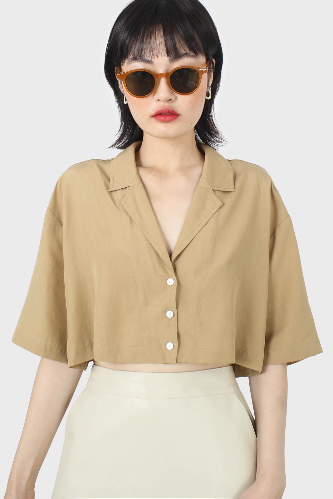 Tan cropped short sleeved boxy shirt_1