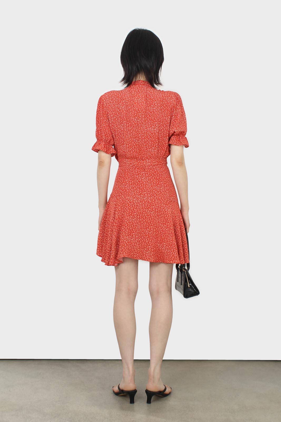 Orange and ivory floral puffed sleeve wrap mini dress_4