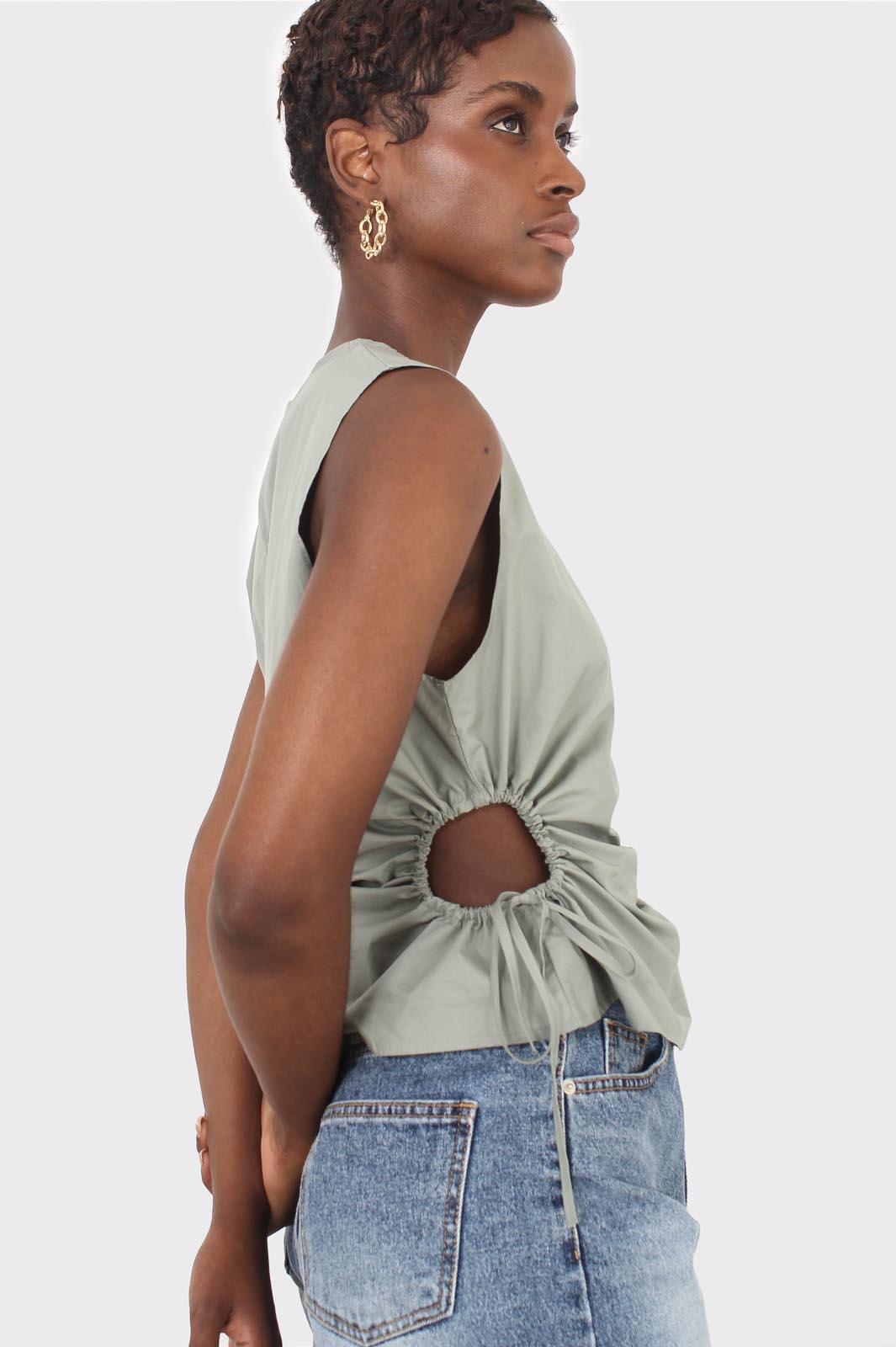 Mint ruched cutout sleeveless blouse_1