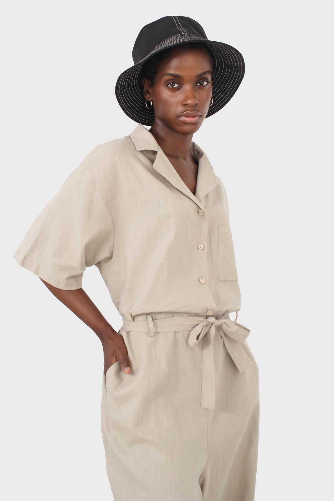 Oatmeal linen blend short sleeved boilersuit_7