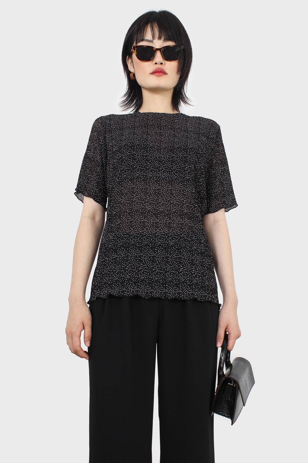 Black and white dots micro pleated top_1