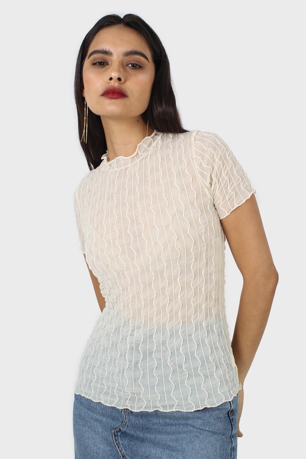 Ivory wave patterned semi sheer top_1