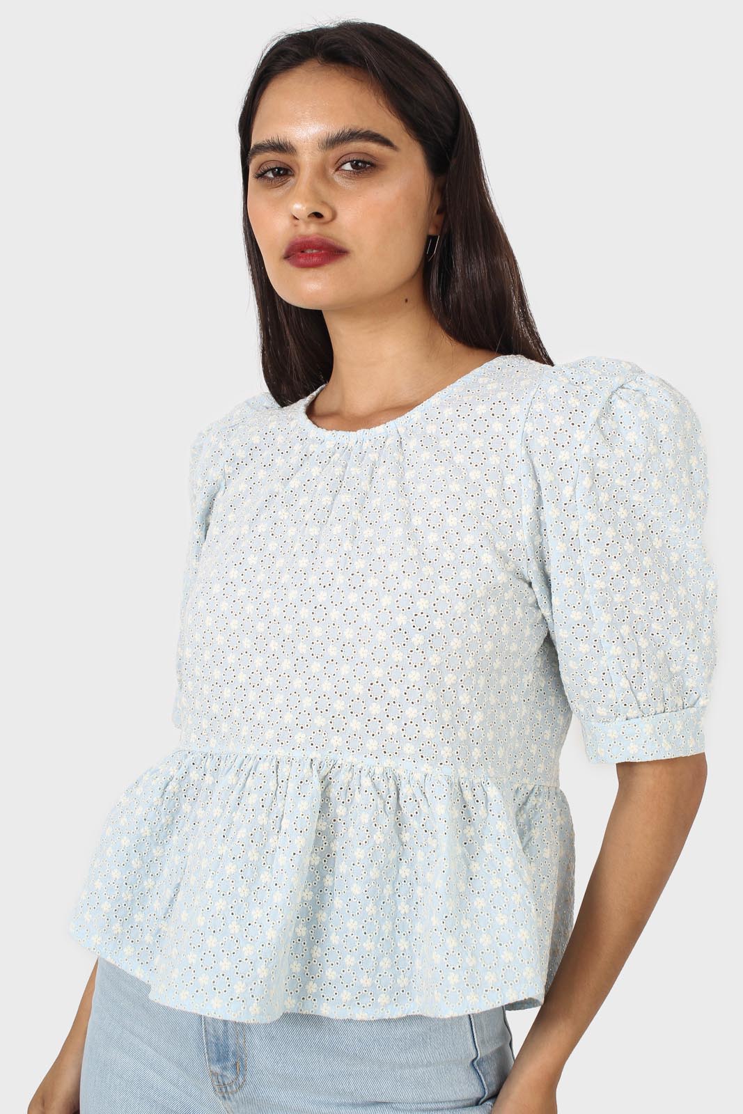 Pale blue eyelet puff sleeved open back blouse_5