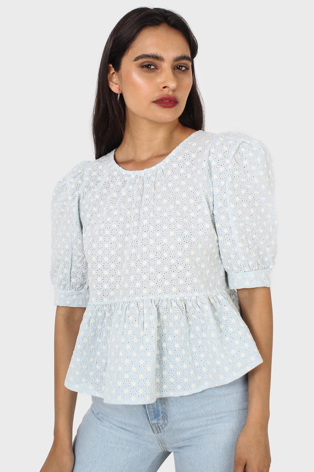 Pale blue eyelet puff sleeved open back blouse_7