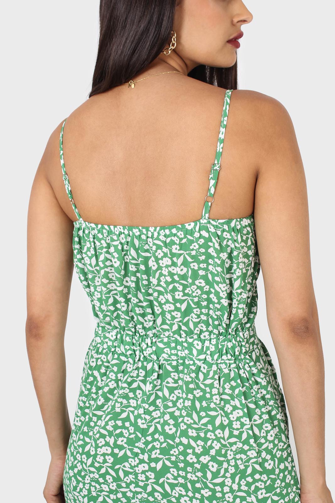 Green and white graphic floral ruched bodice jumpsuit_3