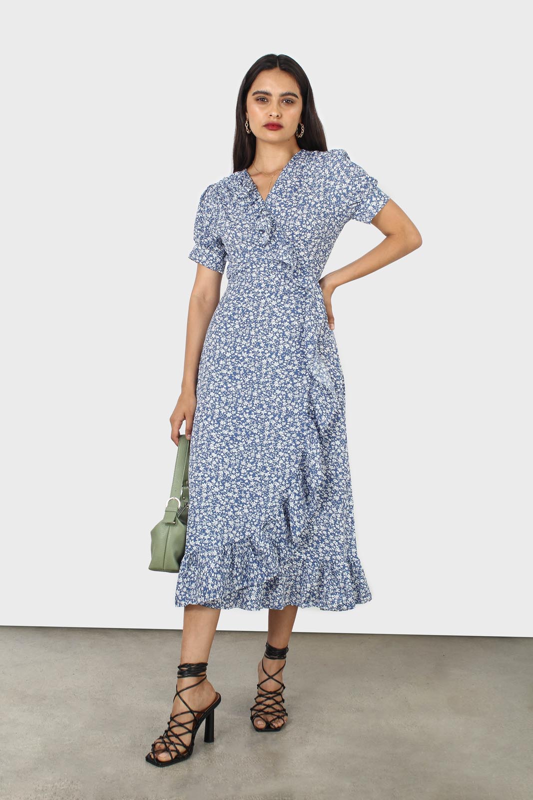 Blue and white tiny floral wrap ruffle midi dress_13