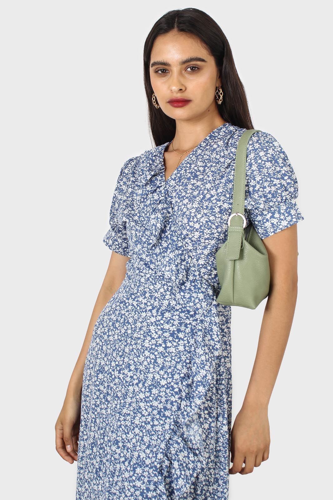 Blue and white tiny floral wrap ruffle midi dress_5