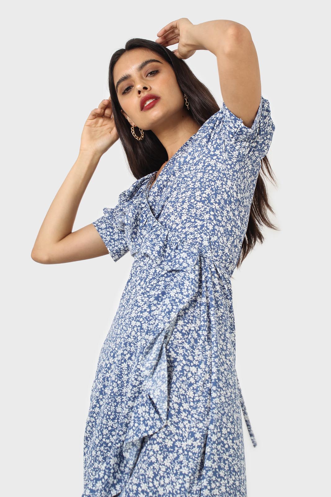 Blue and white tiny floral wrap ruffle midi dress_9