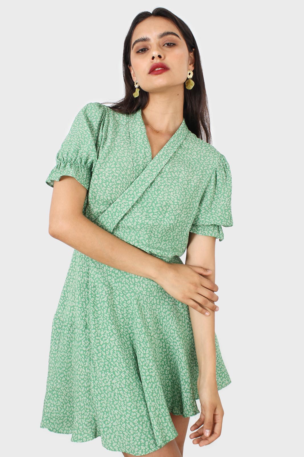 Green and ivory floral puffed sleeve wrap mini dress_7